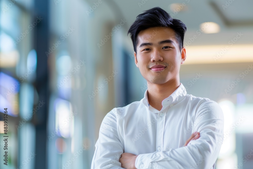 Single Asian Man. A Happy Young Asian Businessman Standing with Copy Space Single Asian Man. A Happy Young Asian Businessman Standing with Copy Space