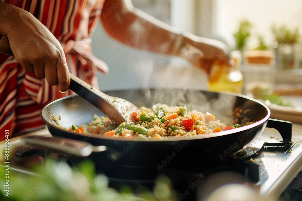 Woman preparing quinoa vegetable mix cooked in a frying pan Woman cooking a colourful and nutritious quinoa stir-fry with mixed vegetables and a drizzle of olive oil. Woman preparing quinoa vegetable mix cooked in a frying pan Woman cooking a colourful and nutritious quinoa stir-fry with mixed vegetables and a drizzle of olive oil.