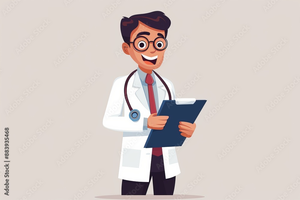 A doctor holding medical records in his hands, smiling and standing on the beige background. A doctor holding medical records in his hands, smiling and standing on the beige background.