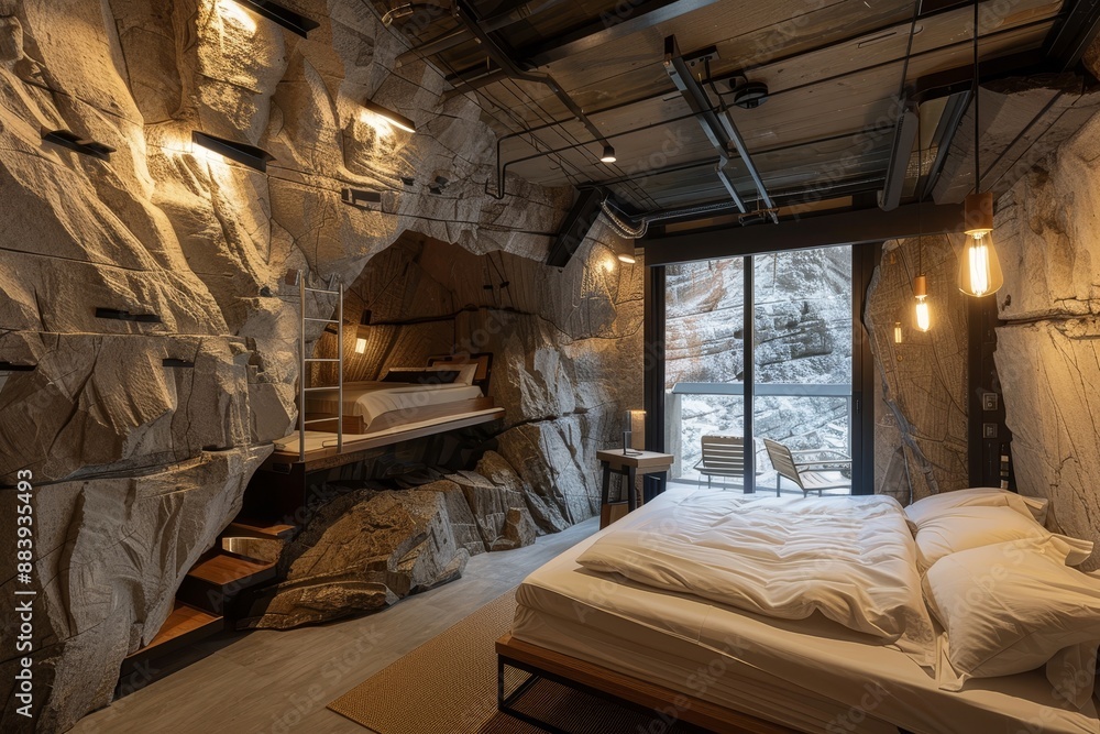 Luxury nordic hostel room with climbing wall, ideal resort for climbers and adventure enthusiasts Luxury nordic hostel room with climbing wall, ideal resort for climbers and adventure enthusiasts