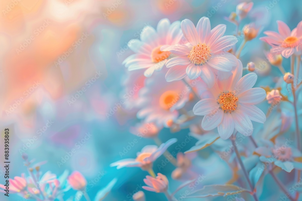 Subtle Nature Background. Beautiful Pastel Gradient Colors with Soft Focus Coatbuttons and Mexican Daisy Blossoms Subtle Nature Background. Beautiful Pastel Gradient Colors with Soft Focus Coatbuttons and Mexican Daisy Blossoms