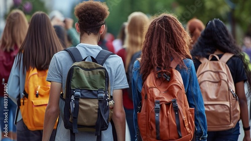 Group of diverse high school or college students walking in a corridor with backpacks