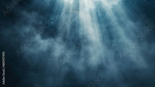 Stunning light beams piercing through foggy air, creating a dramatic and ethereal effect.