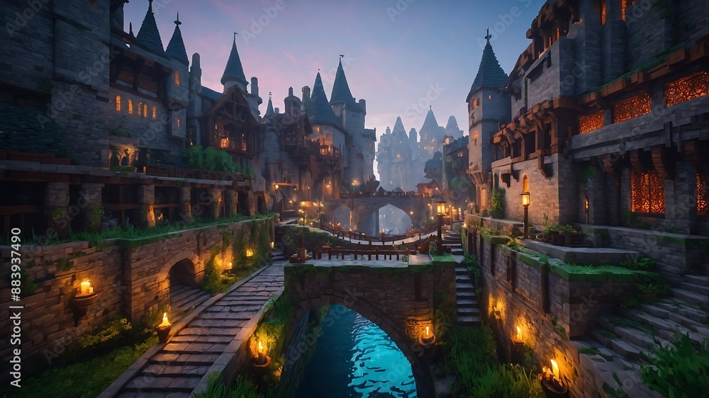 Naklejka premium Urban architecture, ancient castle, fantasy, 8-bit style.