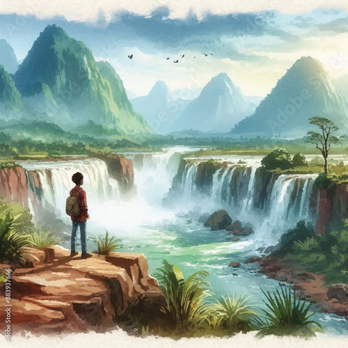 Rear view of teenage boy sitting on rock looking at lake and mountains
