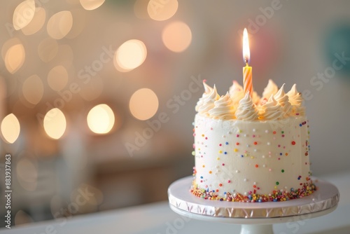 Elegant Birthday Cake. Tiered Birthday Cake with Candles on Party Background