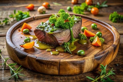 Delicately plated calf's head dish garnished with vibrant parsley, carrots, and tangy ravigote sauce, presented on a rustic wooden board, surrounded by fresh herbs. photo