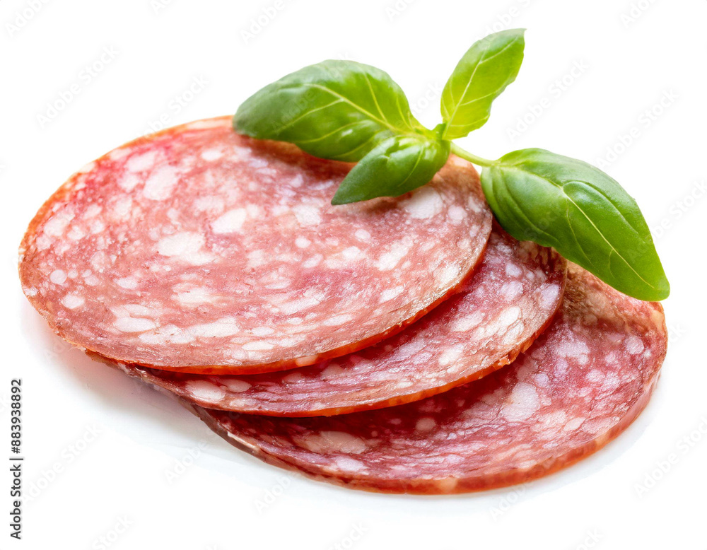 Salami scheibe isoliert auf weißen Hintergrund, Freisteller Salami scheibe isoliert auf weißen Hintergrund, Freisteller