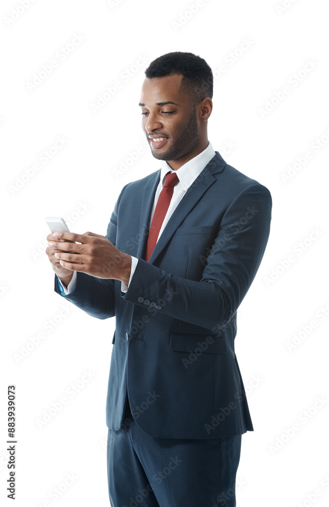 Business man, phone and reading in studio, texting or smile for notification by white background. Person, employee and smartphone for email, reminder or contact for deal on mobile app for networking Business man, phone and reading in studio, texting or smile for notification by white background. Person, employee and smartphone for email, reminder or contact for deal on mobile app for networking