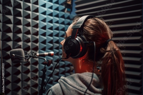 Female voice artist in soundproof studio preparing for professional dubbing session