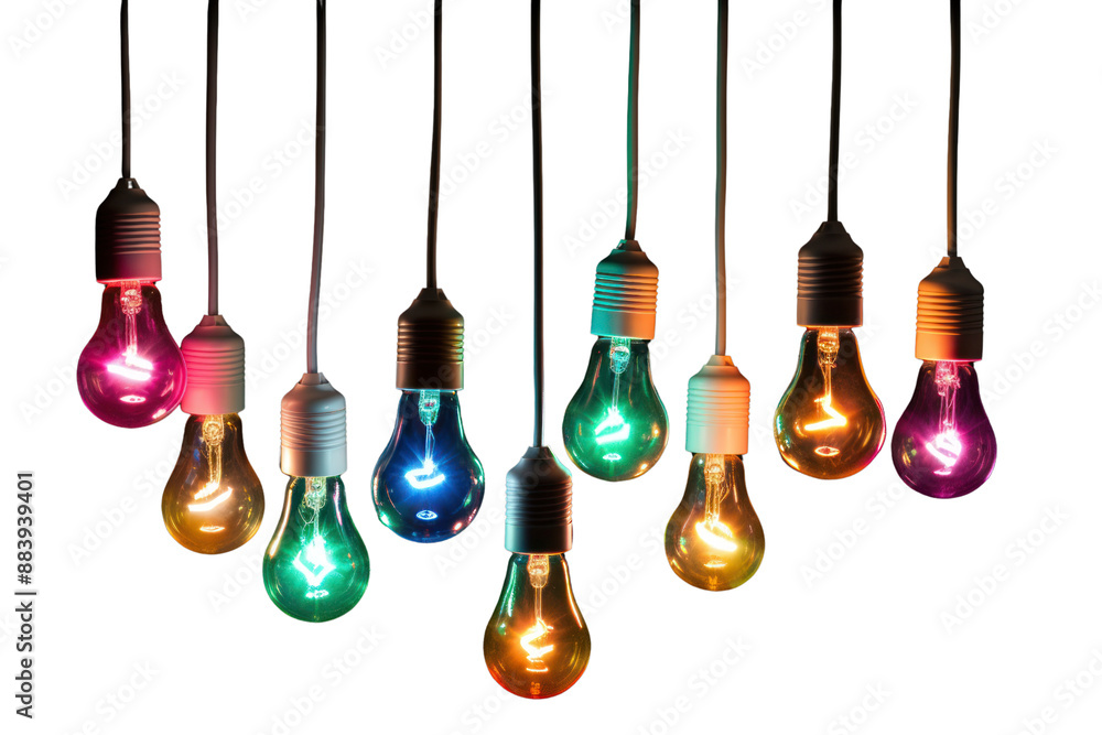 A cluster of colorful LED light bulbs suspended in mid-air, casting a vibrant glow on their surroundings, isolated on a white background A cluster of colorful LED light bulbs suspended in mid-air, casting a vibrant glow on their surroundings, isolated on a white background