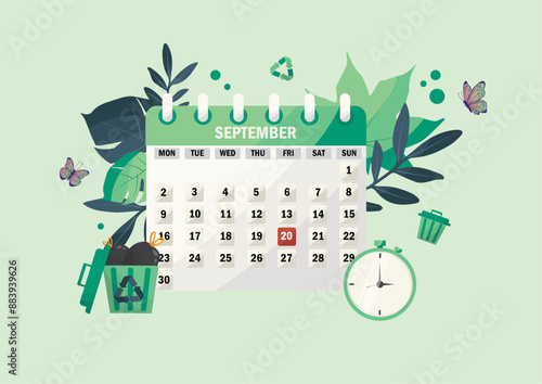World Cleanup Day illustration. 20 september event. Environmental event. September calendar with eco-friendly theme, green leaves, recycle bin, butterflies, and clock illustration. Vector illustration
