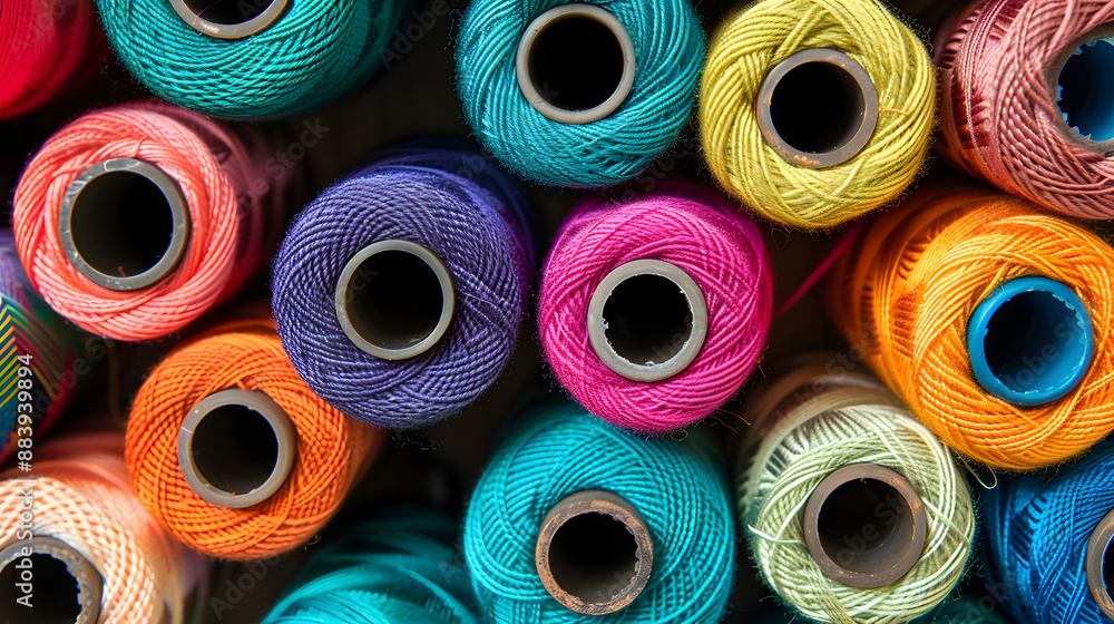Top view stack spool of sewing threads colorful background Top view stack spool of sewing threads colorful background