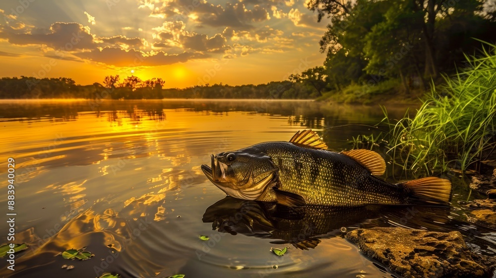 Fototapeta premium Giant bass surfaces in serene waters at sunrise near forest edge under golden sky