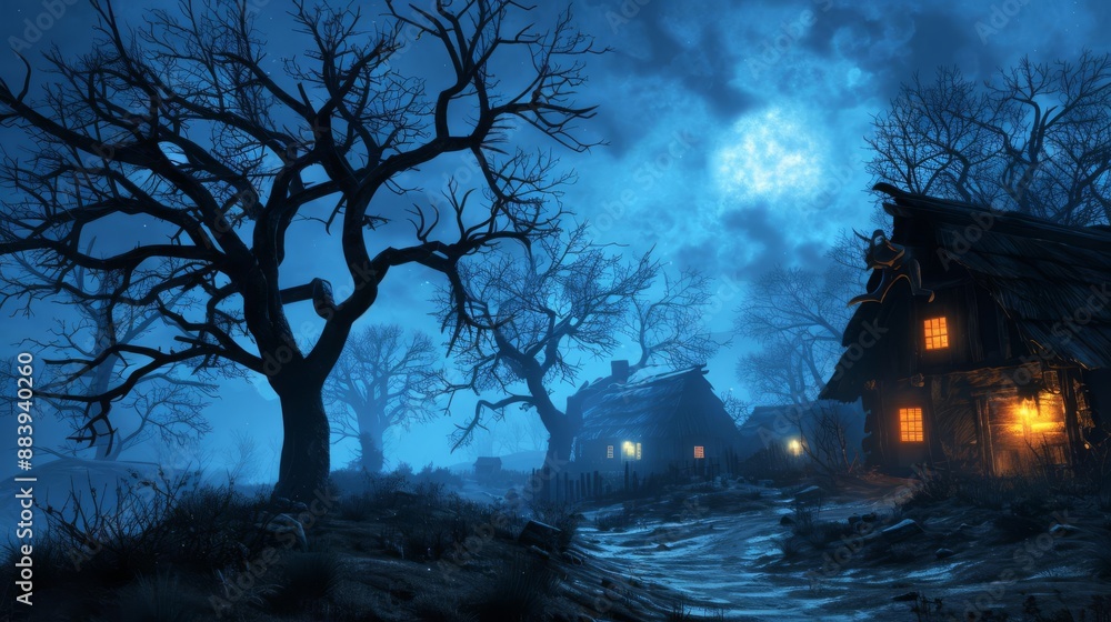 Fototapeta premium Spooky night landscape with glowing windows in a rustic cabin, twisted trees, and a full moon casting eerie blue light.