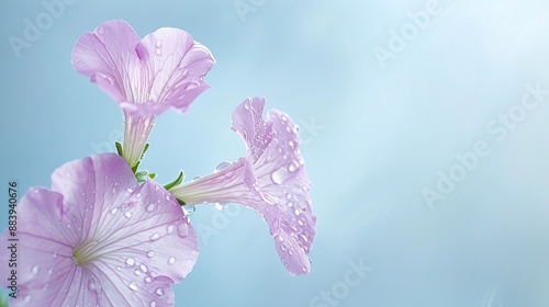 Close-up of wet petunia flower with stem, soft sky blue blur background, rain drops, cheerful and bright composition. photo