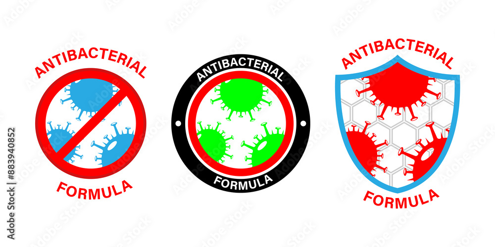 Naklejka premium Antiviral antibacterial coronavirus formula vector icons. Coronavirus 2019 nCov, Covid 19 NCP virus stop signs, health protection, hand sanitizer labels