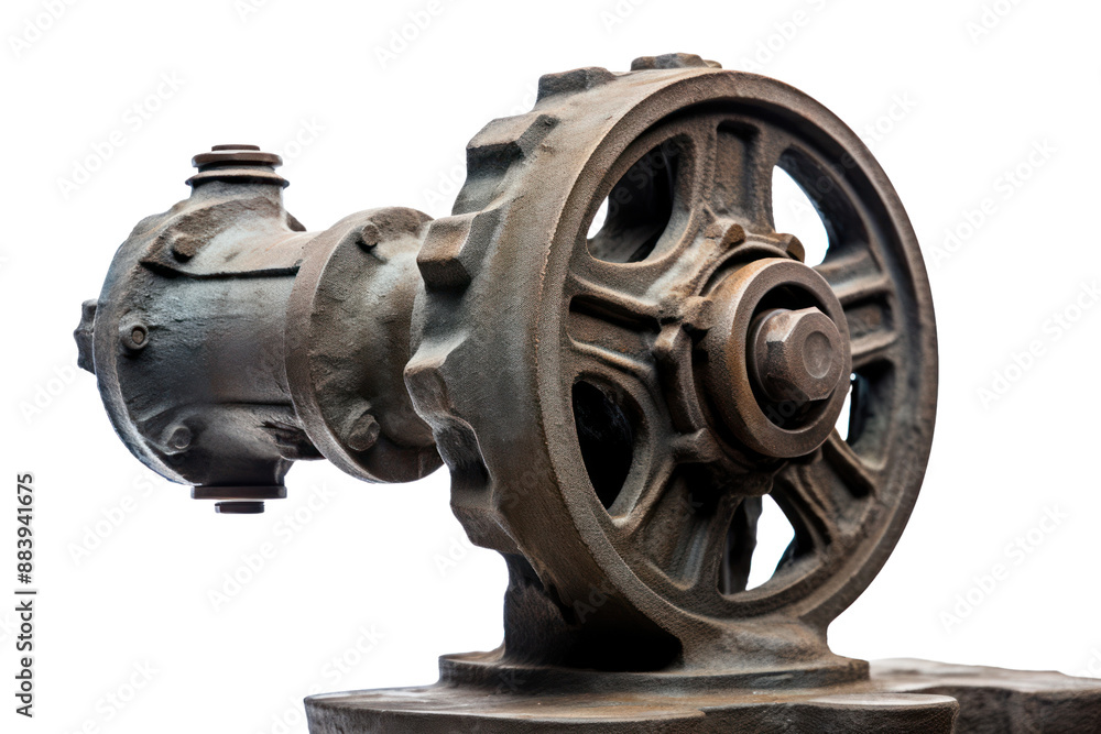 Obraz premium A close-up shot of a cast iron centrifugal water pump, showcasing its intricate details and weathered surface, isolated on a white background.