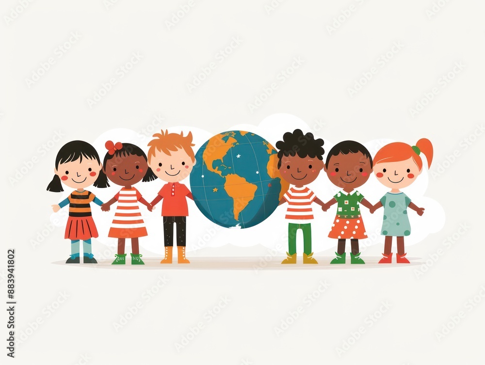 Fototapeta premium Together for Peace: Diverse Children Holding Hands Around the Globe in Flat Design Symbolizing Unity and Harmony, Generative Ai