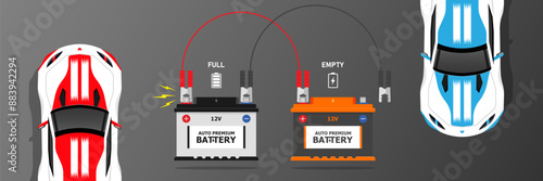 Race Cars battery jump start top view Correct connecting the jumper cables vector