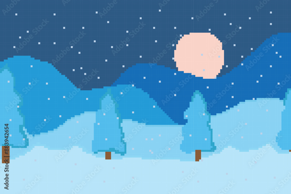Fototapeta premium winter pixel art image, there is a beautiful high mountain surrounded by pine trees covered in snow 