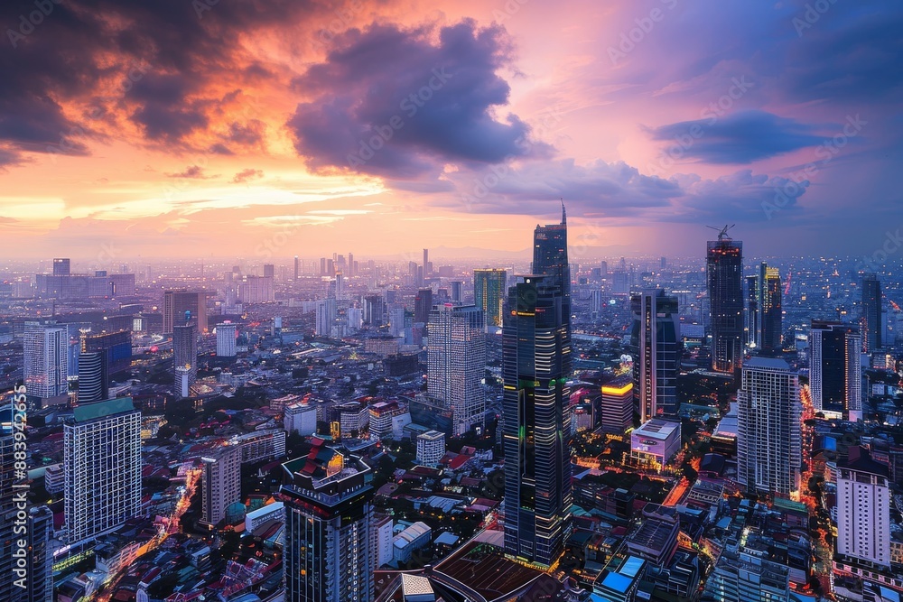Manila's Skyscrapers Glimmering Under a Sunset Sky