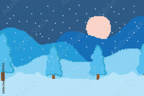 winter pixel art image, there is a beautiful high mountain surrounded by pine trees covered in snow	