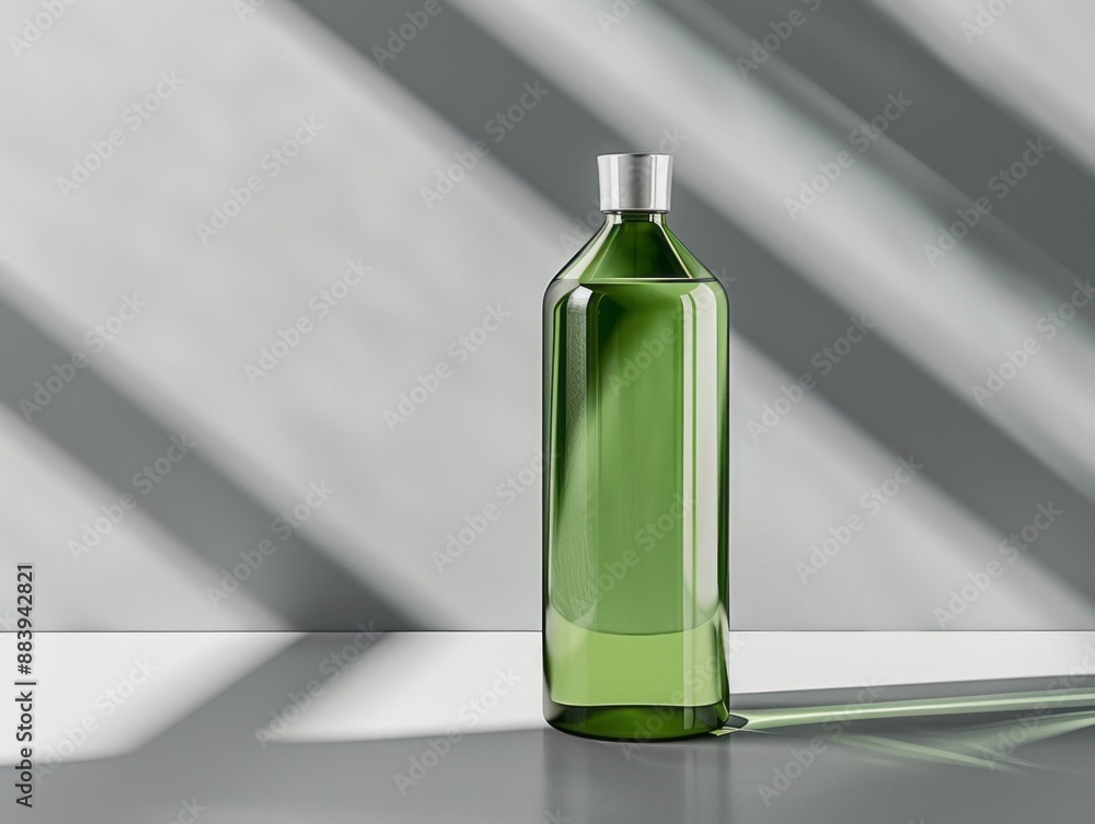 A minimalist product shot of a green glass bottle with a silver cap, resting on a geometric gray and white background A minimalist product shot of a green glass bottle with a silver cap, resting on a geometric gray and white background
