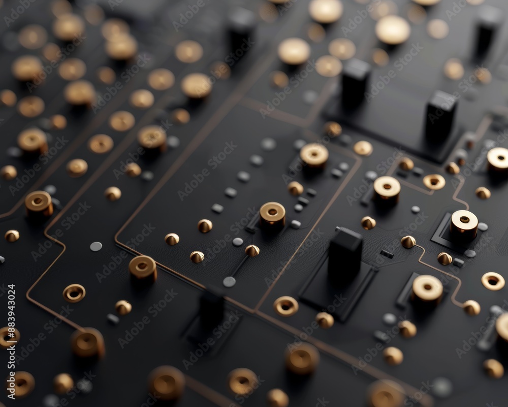 Fototapeta premium Close up of black pcb with gold connectors, advanced circuitry technology concept