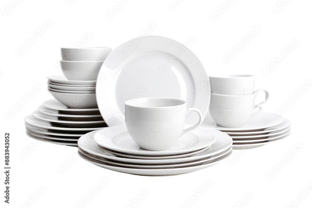 A classic white ceramic dinnerware set with plates, bowls, cups, and saucers. Isolated on white background A classic white ceramic dinnerware set with plates, bowls, cups, and saucers. Isolated on white background