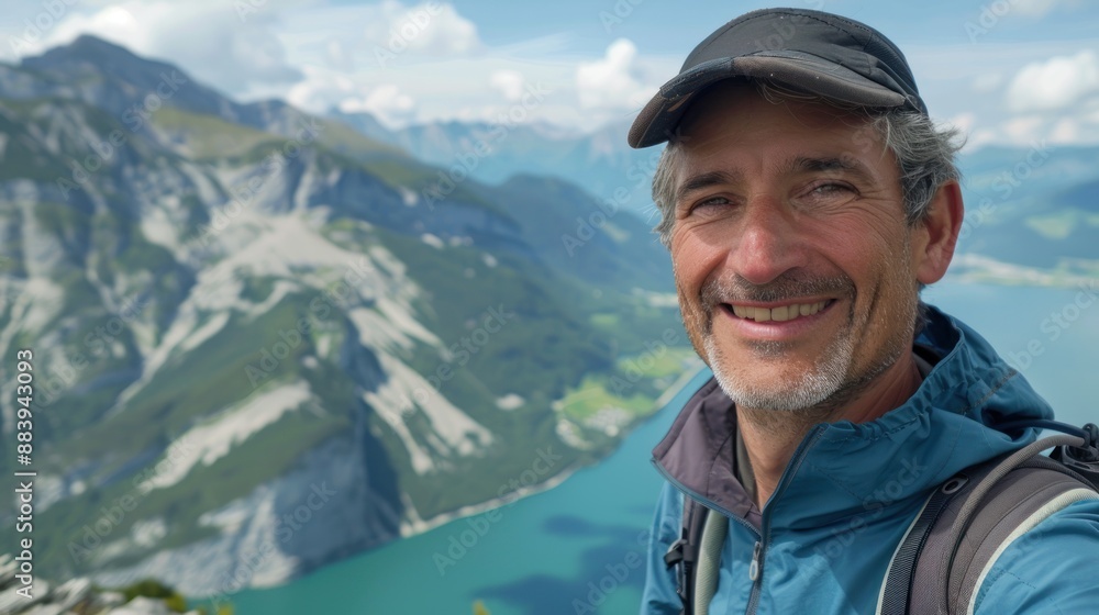 Close-up of a man enjoying the 360-degree view from the top of the trail to Salfeiner See, with a sense of accomplishment, wearing hiking gear and a smile, with panoramic mountain views, Portrait Close-up of a man enjoying the 360-degree view from the top of the trail to Salfeiner See, with a sense of accomplishment, wearing hiking gear and a smile, with panoramic mountain views, Portrait