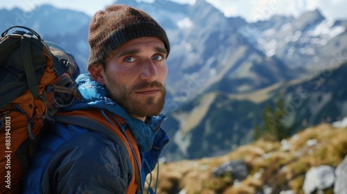 Close-up of a man exploring the trail to Salfeiner See, with a look of adventure and excitement, surrounded by nature, wearing hiking gear and a backpack, with the trail and mountains in the