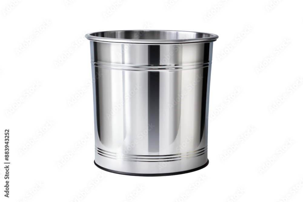 A classic still life painting of a gleaming stainless steel trash can, perfectly centered on a white background. A classic still life painting of a gleaming stainless steel trash can, perfectly centered on a white background.