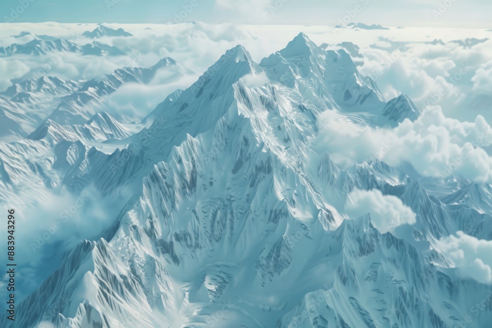 Fototapeta premium A Majestic Aerial View of Snowy Peaks Piercing Through Clouds on a Sunny Day