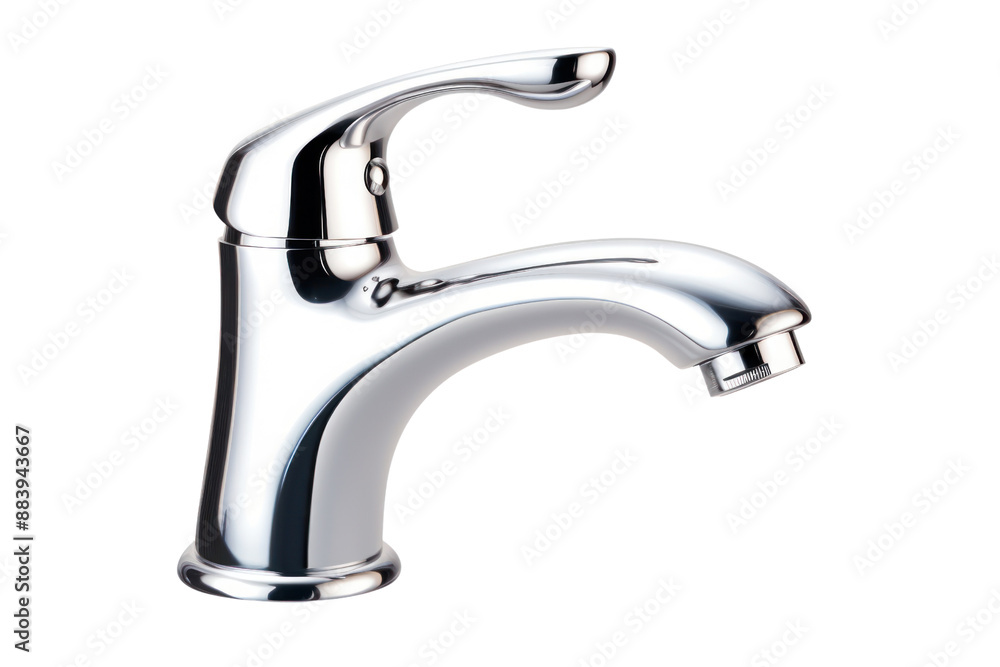 A classic, single-handle bathroom faucet with a polished chrome finish, isolated on a white background A classic, single-handle bathroom faucet with a polished chrome finish, isolated on a white background