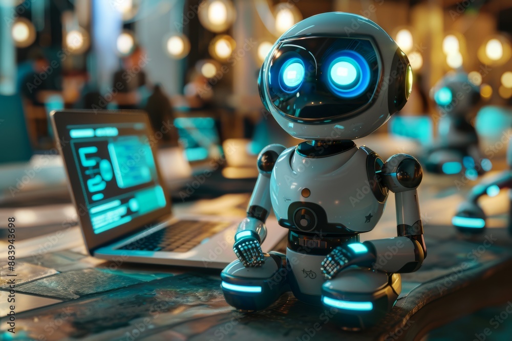 a friendly chatbot interacting with a diverse people on various digital devices (laptops, smartphones, tablets) in a business setting a friendly chatbot interacting with a diverse people on various digital devices (laptops, smartphones, tablets) in a business setting