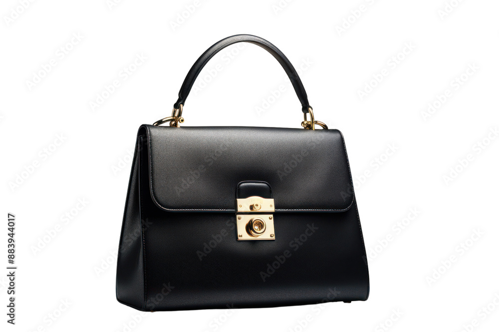 A classic black leather handbag with gold hardware, shot on a white background in a high-end studio setting. A classic black leather handbag with gold hardware, shot on a white background in a high-end studio setting.
