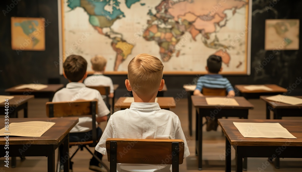 Kids at desks in a historythemed classroom, antique maps and artifacts, immersive curriculum Kids at desks in a historythemed classroom, antique maps and artifacts, immersive curriculum