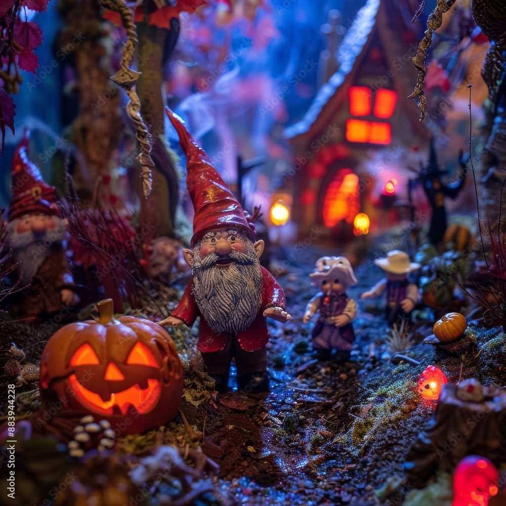 Naklejka premium Whimsical garden gnome village illuminated with Halloween lights and decorations, featuring a carved pumpkin and enchanted forest setting.