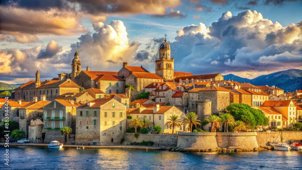 Obraz premium Vibrant watercolor depiction of medieval Korcula town's sunny summer day with blue sky, fluffy clouds, and ancient architecture.