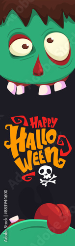 Cartoon funny green zombie character design with scary face expression. Halloween vector illustration isolated on white. Party poster, package design 