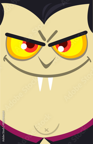 Cute cartoon vampire character with big open mouth, tongue, fangs. Halloween vector illustration. Count Dracula face avatar. 