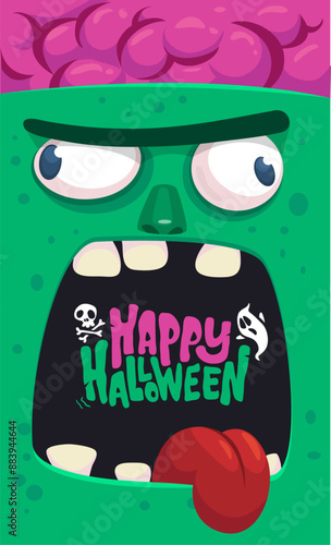 Cartoon funny green zombie character design with scary face expression. Halloween vector illustration isolated on white. Party poster, package design 