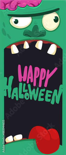 Cartoon funny green zombie character design with scary face expression. Halloween vector illustration isolated on white. Party poster, package design 