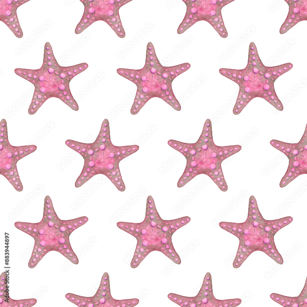 Watercolor pattern with pink starfish on a white background. Seamless design for textile, wallpaper, and print. Watercolor pattern with pink starfish on a white background. Seamless design for textile, wallpaper, and print.