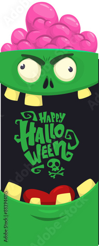 Cartoon funny green zombie character design with scary face expression. Halloween vector illustration isolated on white. Party poster, package design 