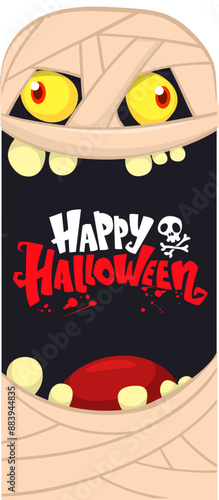  Scary cartoon monster mummy face vector. Cute square avatar or icon. Halloween illustration. Great for party decoration