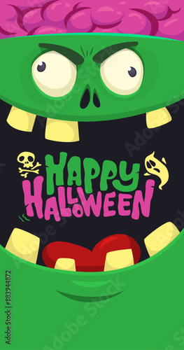 Cartoon funny green zombie character design with scary face expression. Halloween vector illustration isolated on white. Party poster, package design 