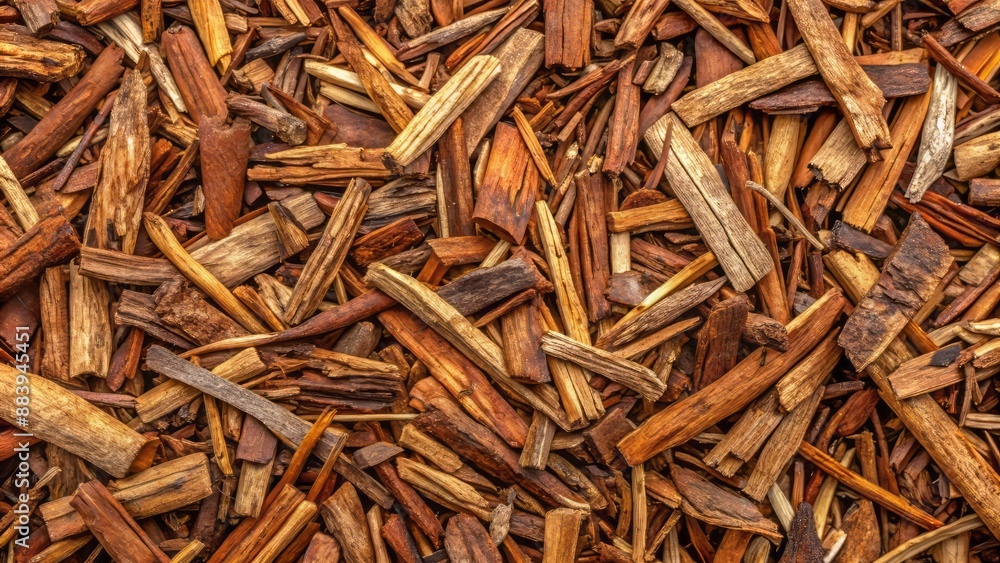 Natural rustic brown wooden mulch with varying textures and tones, scattered on the ground in a chaotic pattern. Natural rustic brown wooden mulch with varying textures and tones, scattered on the ground in a chaotic pattern.