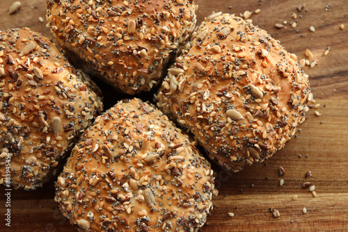 Brown seeded bread rolls. 